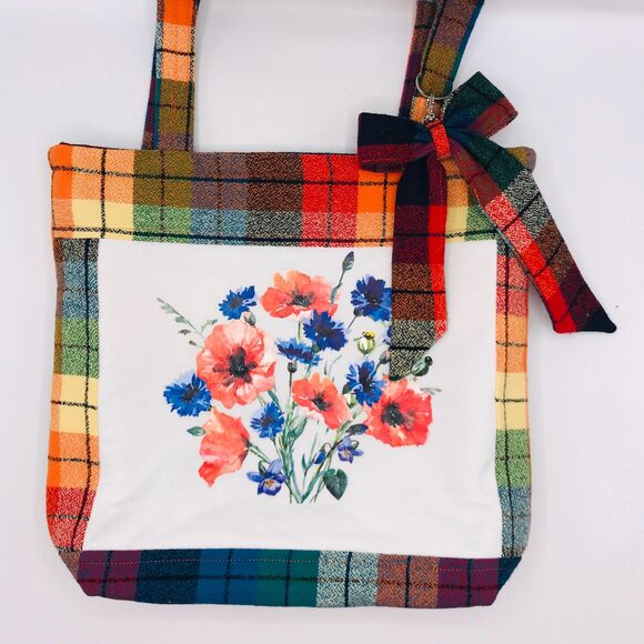 Handmade Tote Bag: Repurposed, Bright Bouquet on Plaid, Orange Blue Yellow Green - Picture 1 of 10